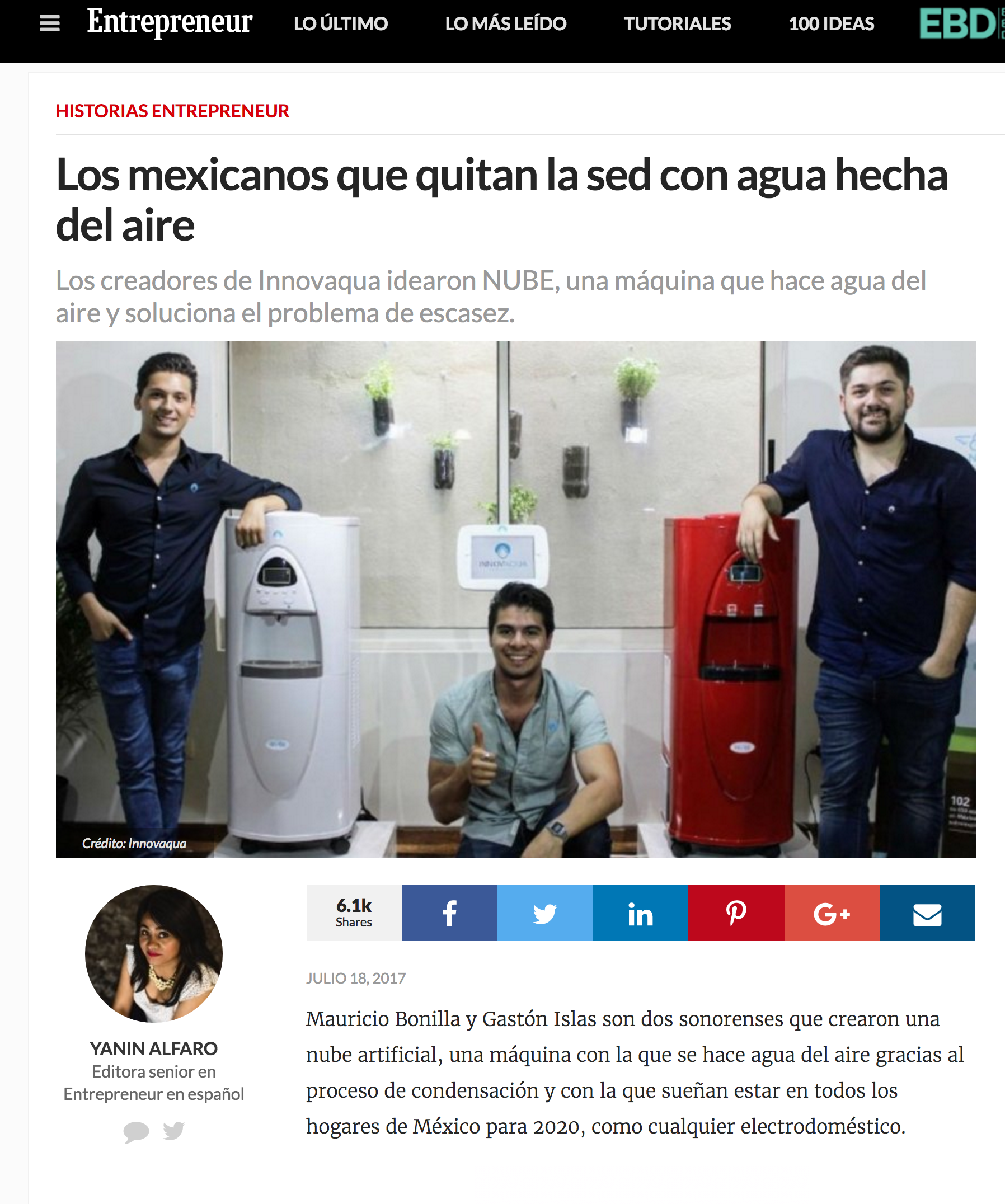 Innovaqua Featured in Emprendedor: Transforming Air into Clean Water